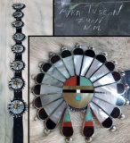 Sterling Silver & Mosaic Inlay Zuni Sun Face Concha Belt by Myra Tuscon