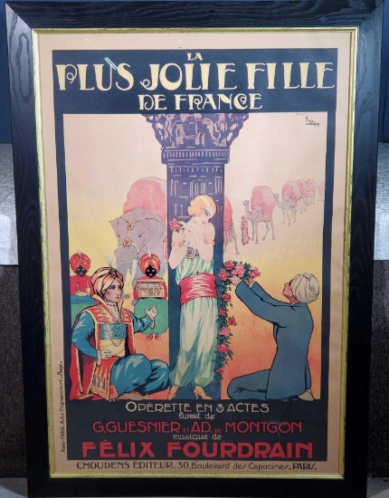 Period La Plus Jolie Fille de France Operetta Framed Art Deco Lithograph Poster, Atelier Faria Paris