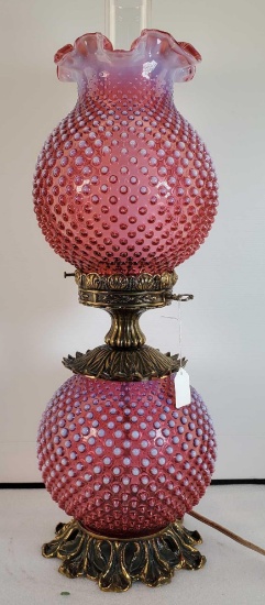 Vintage Fenton Cranberry Hobnail Opalescent Double Globe Gone With The Wind Lamp