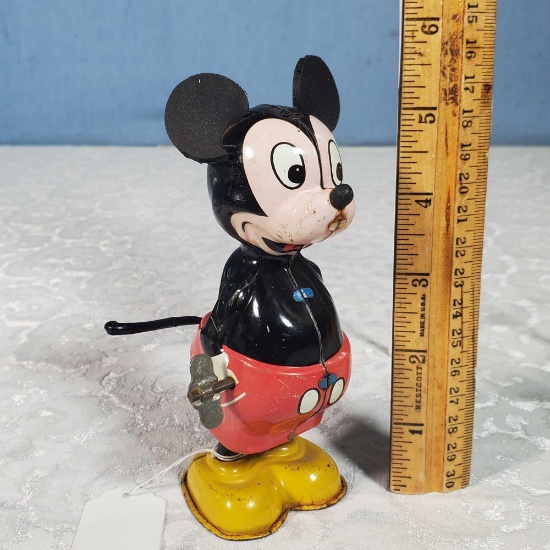 5 1/2" Line Mar Walt Disney Productions Mickey Mouse with Whirling Trail Tin Litho Wind Up Toy