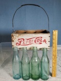 4 Antique Glass Pepsi Bottles with Wood and Wire Six Pack Holder