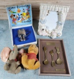 Disney Pooh and Dumbo, Mickey Child's Cup, Lenox Snoopy Frame and Olympic Spoons Tray Lot