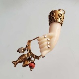 Victorian 14K Yellow Gold & Carved White Coral Hand Holding Charms Pendant