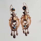 14K Baby Blue Stone, Seed Pearls & Black Enamel Wire Earrings