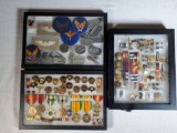 3 Shadow Boxes Filled Wit Military Medals, Patches & Insignia
