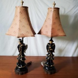Pair Of Chinoiserie Flute & Clarinet Players Ceramic Lamps