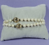 Unusually Long 2 Pearl Bracelets with 14k Gold Shell Clasp