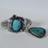 Sterling Silver & Turquoise Bracelet And Brooch