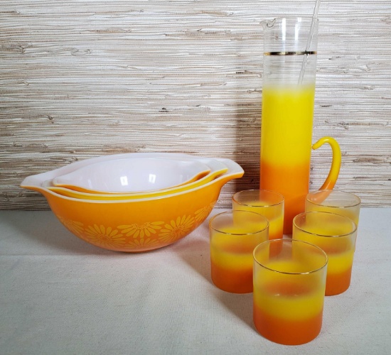Retro Orange and Yellow Kitchen Ware - Pyrex Daisy Bolws and Blended Color Beverage Set