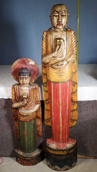 Two Hand Carved Wooden Depictions Of Buddha Standing Posture With Jewel & Alms Bowl