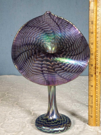 Artist Signed 11" Correia art Glass Iridescent Amethyst Pulled Feather Jack in The Pulpit Vase