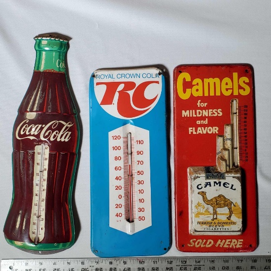 2 Soda and 1 Cigarette Vintage Tin Litho Advertising Thermometers
