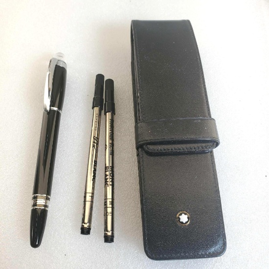 Mont Blanc Star Walker Ultra Black Precious Resin Roller Ball Pen With Leather Case