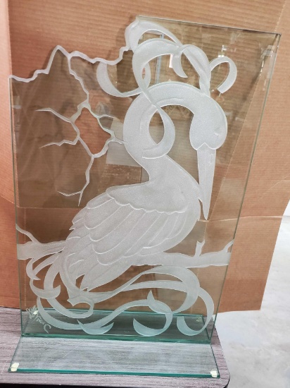 1990's Signed Granville Etched Glass Heron Panel on Stand