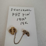 14K Yellow Gold & Pearl 1900s PHI Fraternal Lapel Pin With Chain & BB Pin
