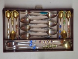 Tray Lot of Guilloche Enamel Norway 925S and 830S Silver Demi Spoons and 800 German 6 O'Clock Spoons
