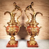 Pair Of French 19th Century Gilt Bronze & Rouge Marble Grand Ewers