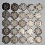 25 US Silver Barber Quarters,1893-1916