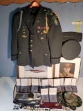 Military Uniform with visor cap and full patches and medals, box Full of and other medals and pins