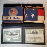 2 Albums of Vintage Engraved Design Stock Certificates and 48 Star Flag