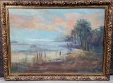 C. H. Stockwell Oil on Canvas Misty Rover Sunset Florida Landscape Painting