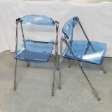 Pr of Azure Blue MCM Lucite and Chrome Folding Chairs Attrib. to Giancarlo Piretti for Castelli