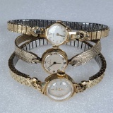 Three Used 14K Yellow Gold Ladies Wrist Watches