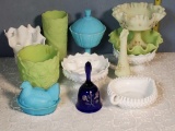 Fenton Lime and Turquoise Satin, Coralene Custard, and Milk Glass