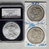 MS 69 NGC 2012 Silver Eagle, 1889 and 1896 Morgan Silver Dollars