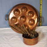 Solid Copper French Egscargot/ Egg poaching pan and 6 Nesting Sauce Pans