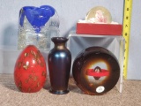 5 Art Glass Paperweights and Iridescent Glass Cabinet Vase