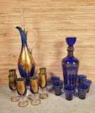 2 Vintage Cobalt Glass Decanter Sets