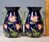 2 early 1900s Josef Strnact Austria Majolica Blue Ground Floral Vases (1 as is)