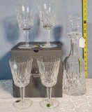 Waterford Cut Crystal Lismore Decanter and 4 Water Goblets with Box
