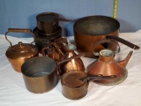 Antique Copper Sauce Pans, Tea Kettle, Ewer and More