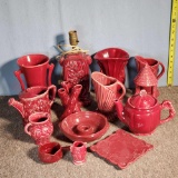 14 Pcs Maroon Glaze Art Pottery Vases, Pitchers, Teapots, Etc.