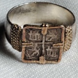 14k Gold Men's Ring with Archaic Square Silver Coin Mount