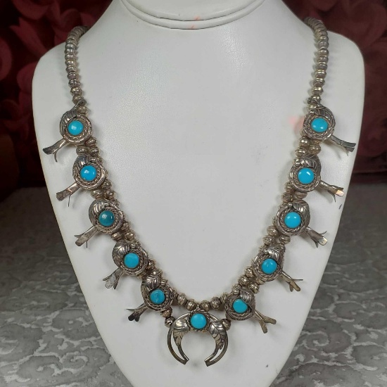 24" Native American Sterling Silver & Turquoise Squash Blossom Necklace