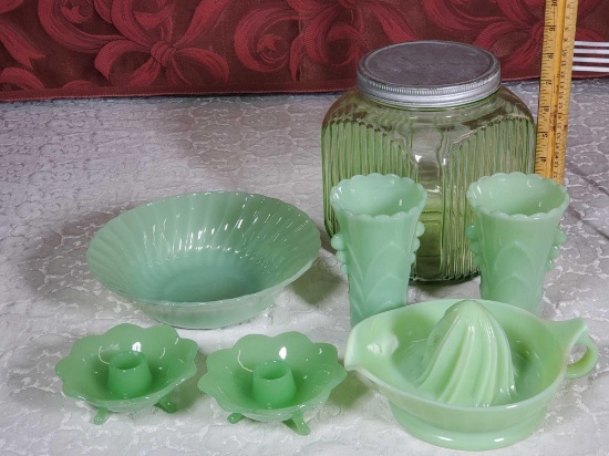 Jadeite Vases, Bowls and Reamer, Candlesticks and Green Depression Canister Jar