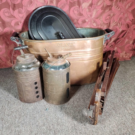 Copper Wash Basin with Lid, Fold Out Clothes Dryer and 2 Oil/ Fuel Cans