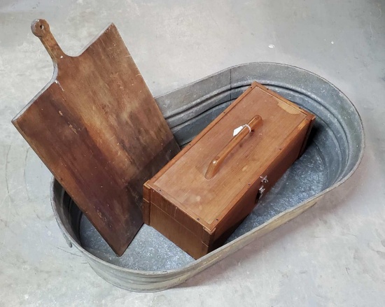Oval Galvanized Tin Water Trough, Wood Oven Pizza/ Bread Board and Hand Made Wood Box
