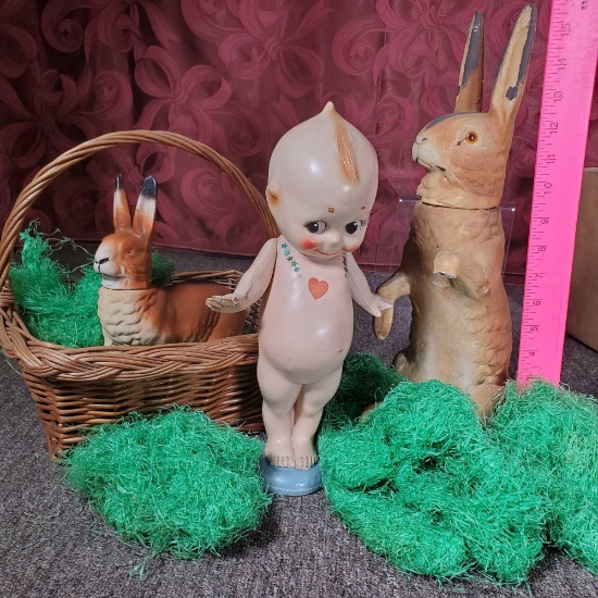 Vintage Composite Kewpie Doll With Paper Heart, And 2 German Paper Mache Candy Box Rabbits