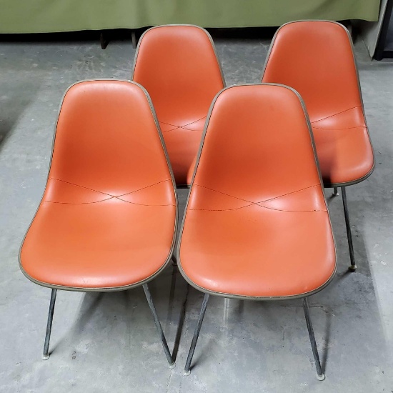 1976 Herman Miller Charles Eames DKX Wire Side Chairs In Orange Leather