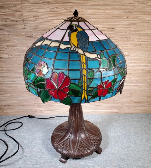 Stained Glass Lamp Shade with Parrots on Bronze Finish Base
