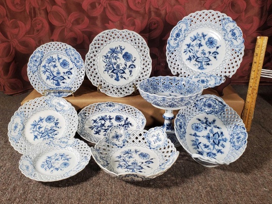 Pierced Rim Meissen Blue Onion Pattern Porcelain Table Wares