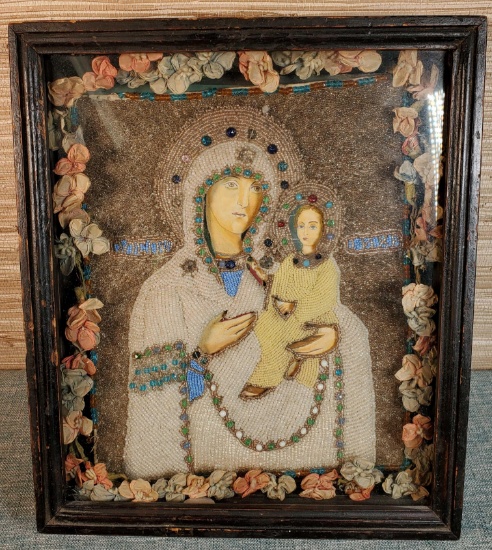 Antique Madonna and Child Icon with Hand Beaded Front