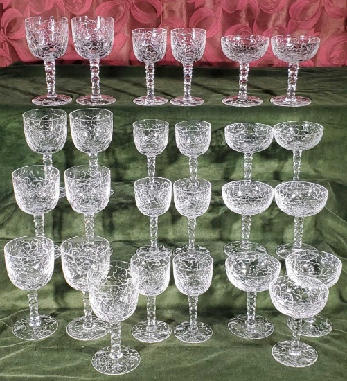 26 pc Ornately Wheel Cut Crystal Bar Ware for 8 in 3 Sizes with Extras