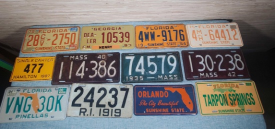Collection of Vintage License Plates Incl.1919 RI, 1930's & 40's  MA, Vintage FL and More