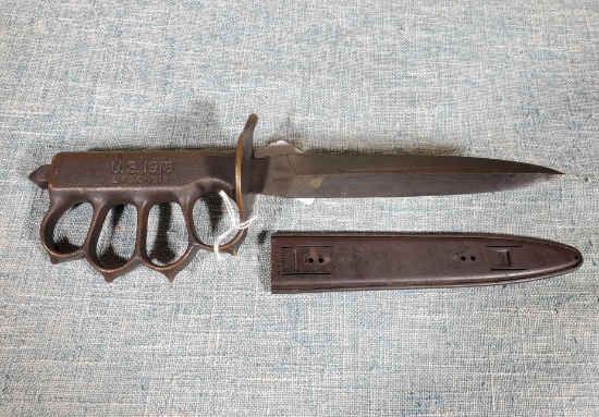 WWI/WWII US1918 LF & C Trench Knife With Brass Knuckle Handle and Scabbard