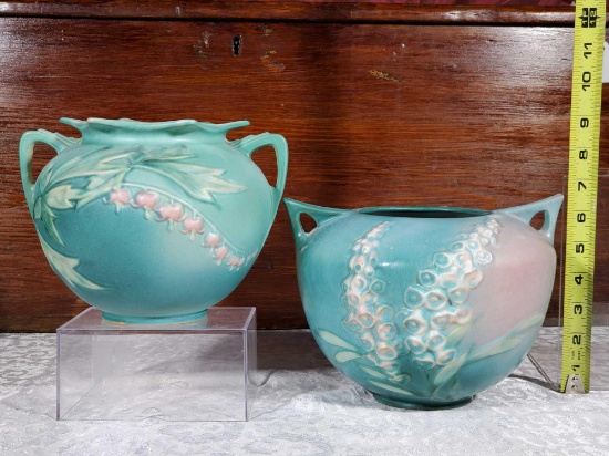 2 Roseville Blue Pottery Double Handled Jardinieres